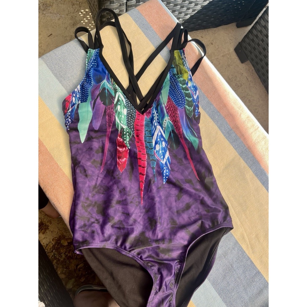 Swimsuits for all Sz 14 Swim Sexy NWT women one piece Feather Print black Purple